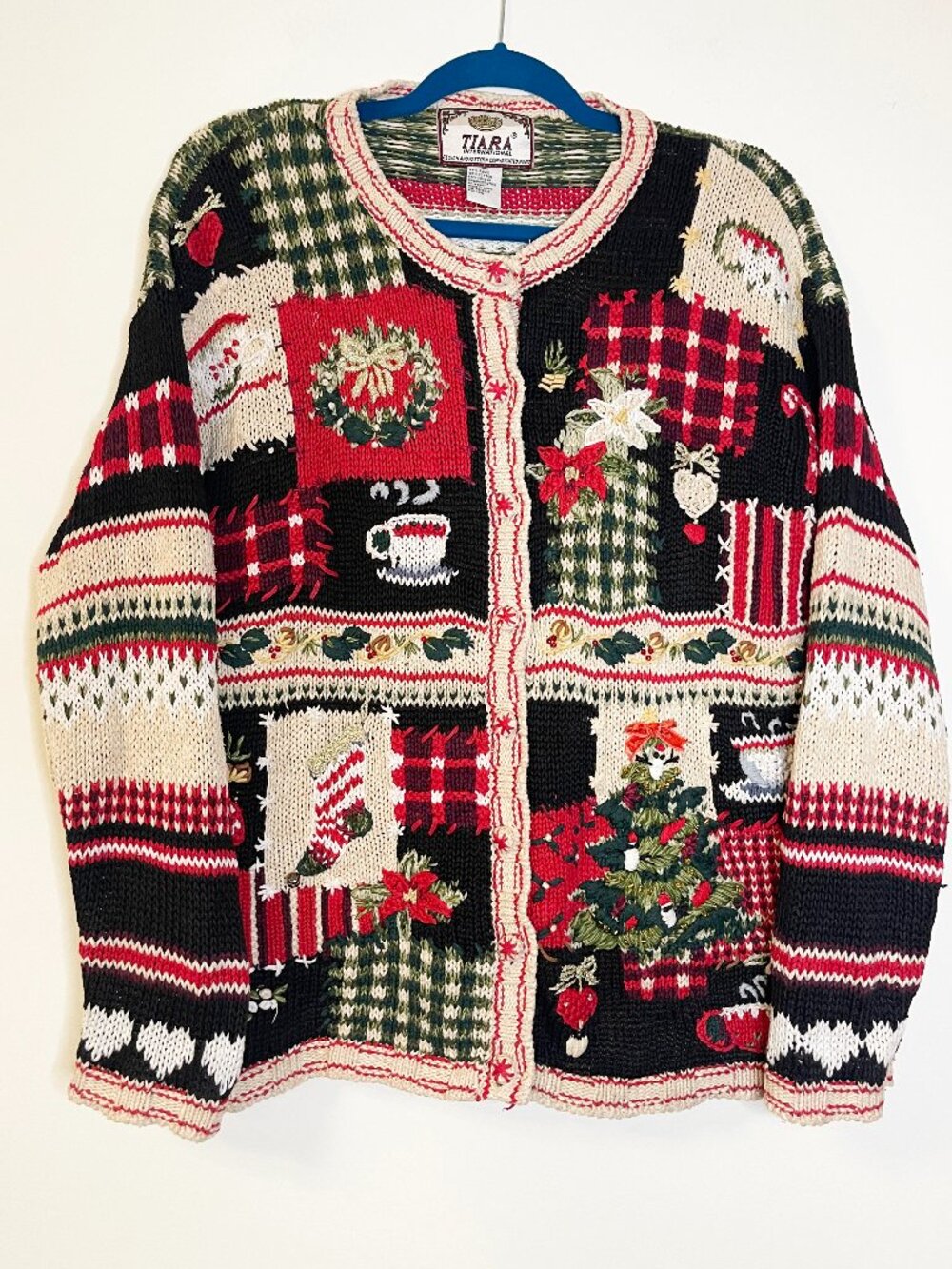 Tiara International Christmas Cardigan Sweater Small Patchwork Holiday Vintage